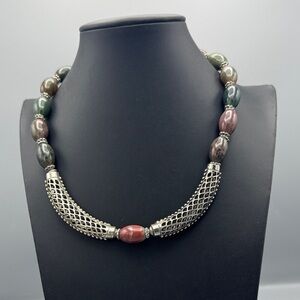 Stone  Silver and Multicolor Beaded Necklace